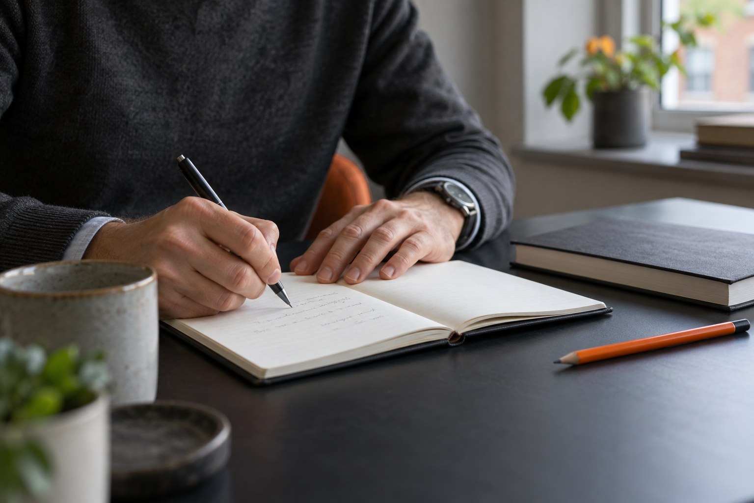 A professional reflecting and taking notes in a notebook