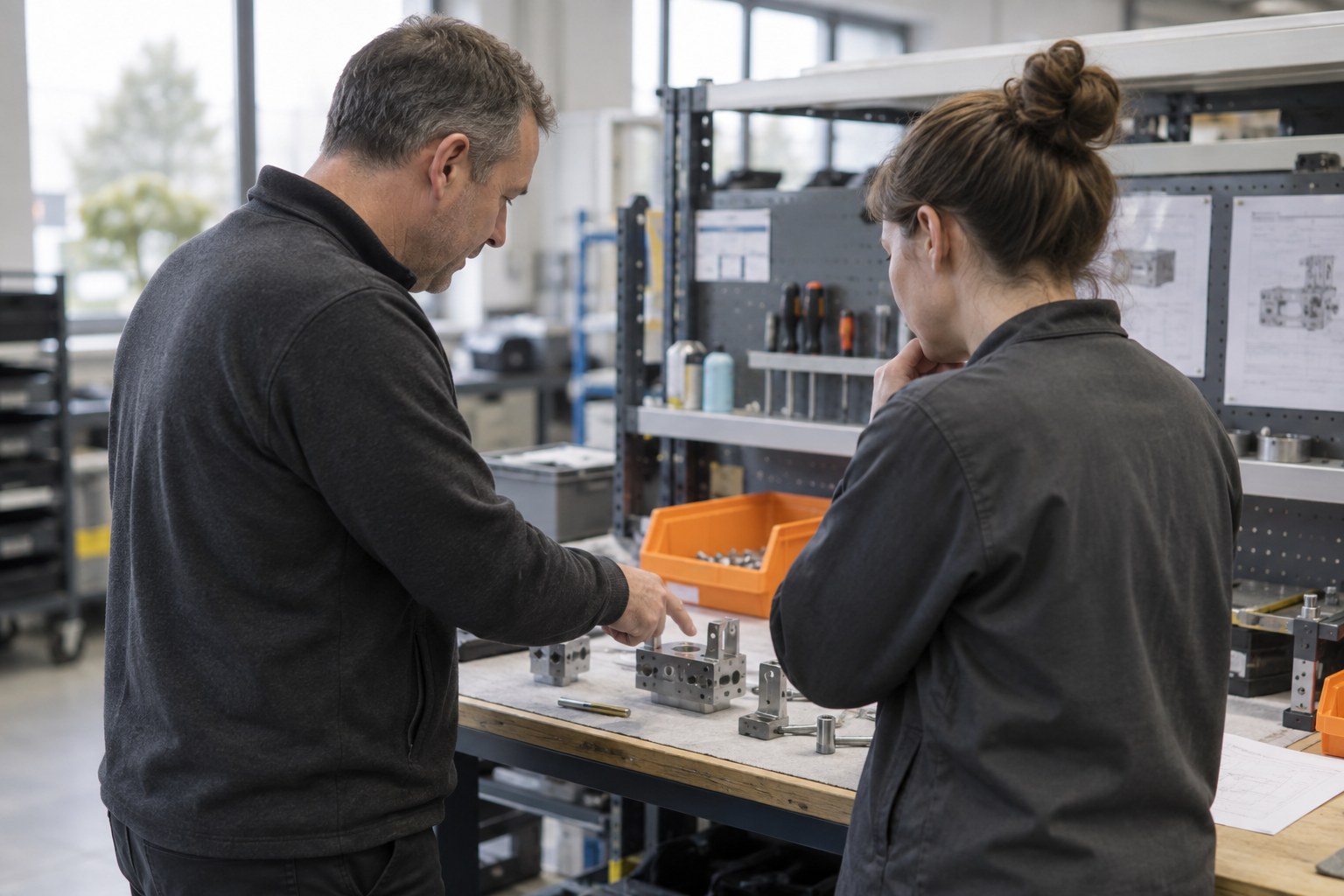 Two colleagues examining a process at a manufacturing workbench