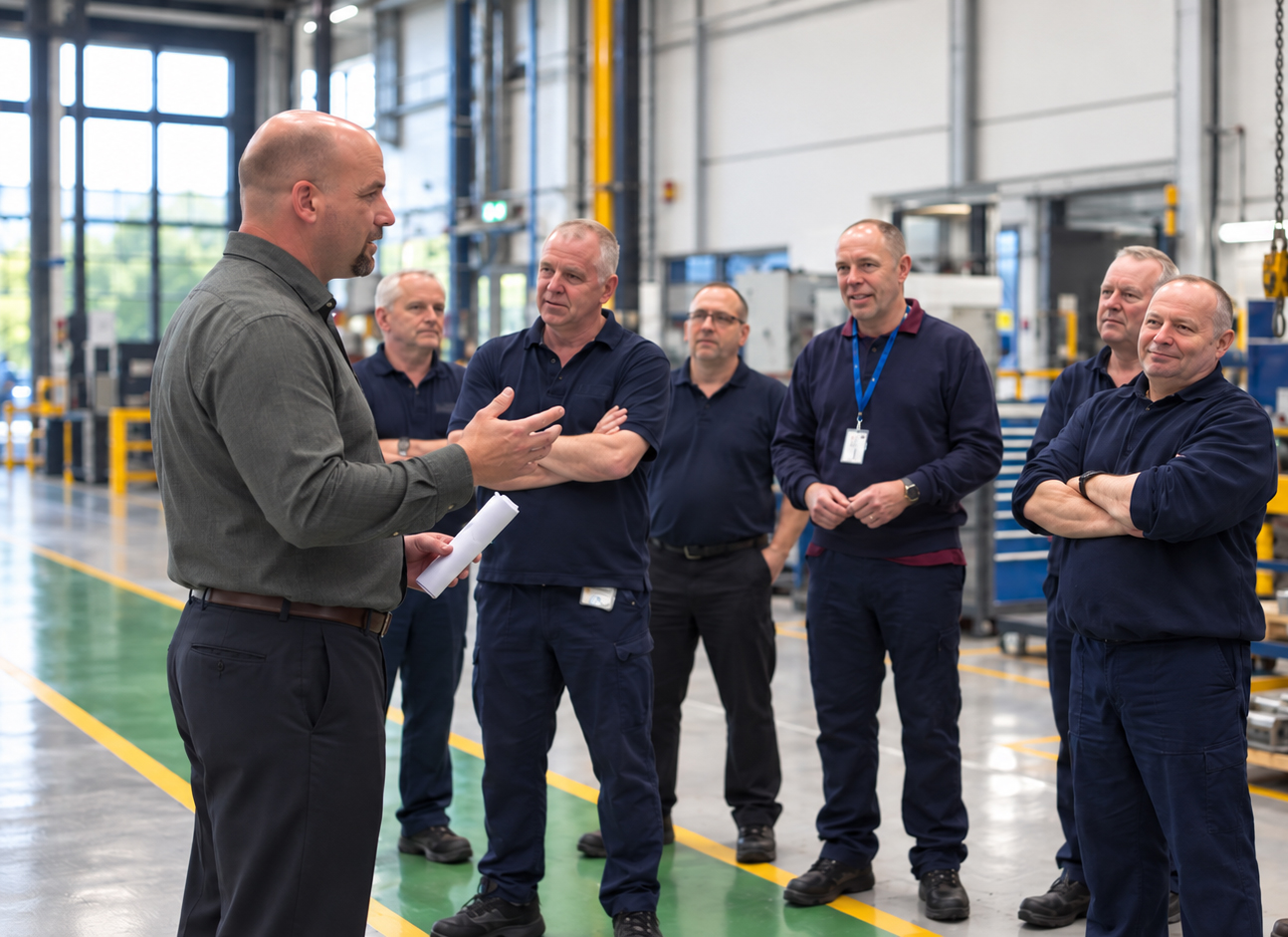 Cordell leading a group learning session on the factory floor