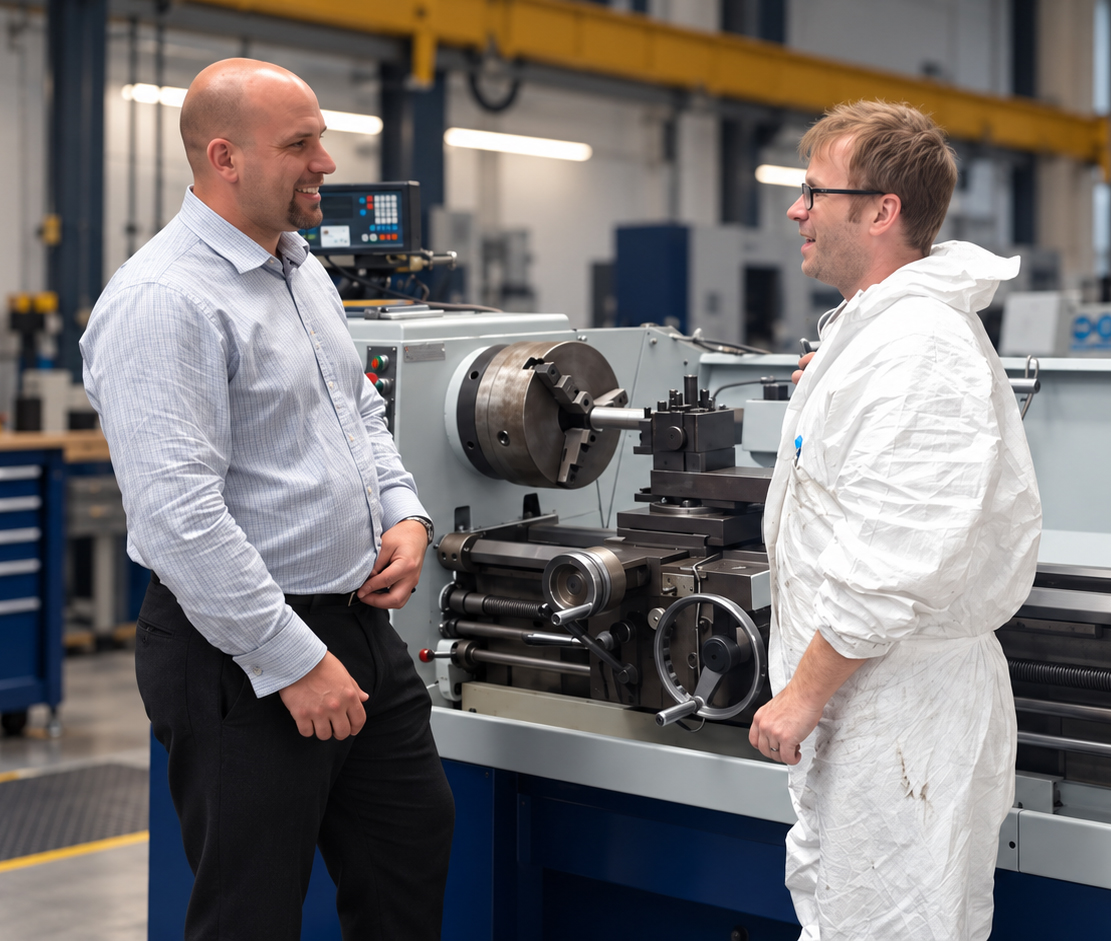 Cordell discussing work with a colleague on the factory floor